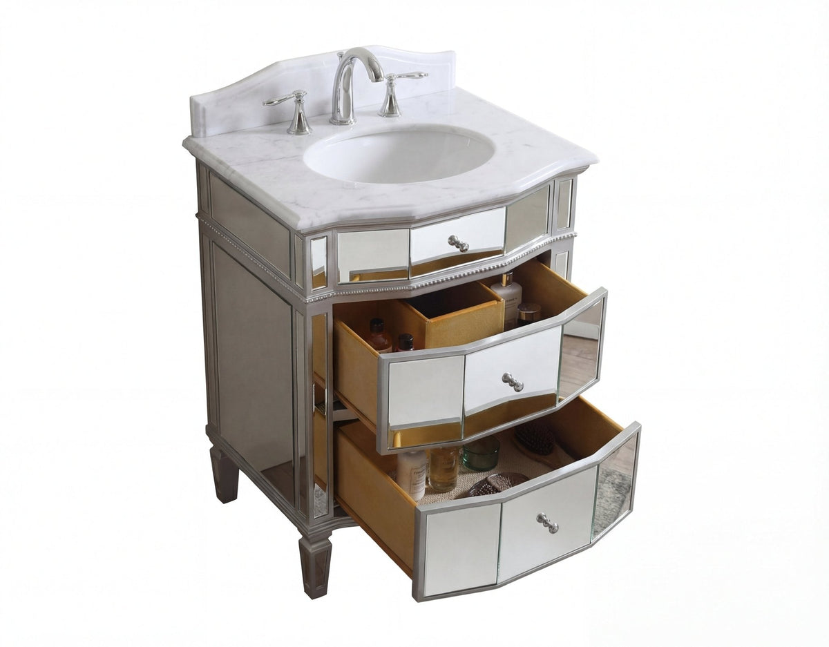 24 Inch Ashlie Mirrored Bathroom Vanity with Silver Trim With Quartz Top & Sink Included