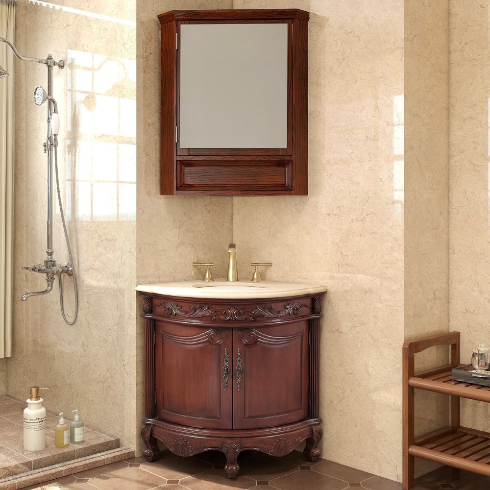 24 Inch Classic Style Walnut Brown Bayview Cream Marble Countertop Corner Bathroom Sink Vanity