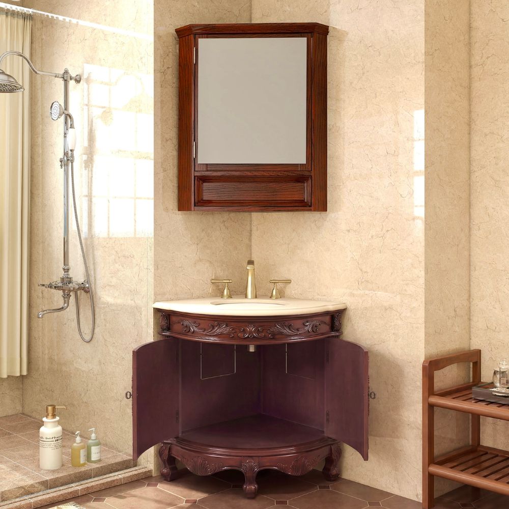 24 Inch Classic Style Walnut Brown Bayview Cream Marble Countertop Corner Bathroom Sink Vanity