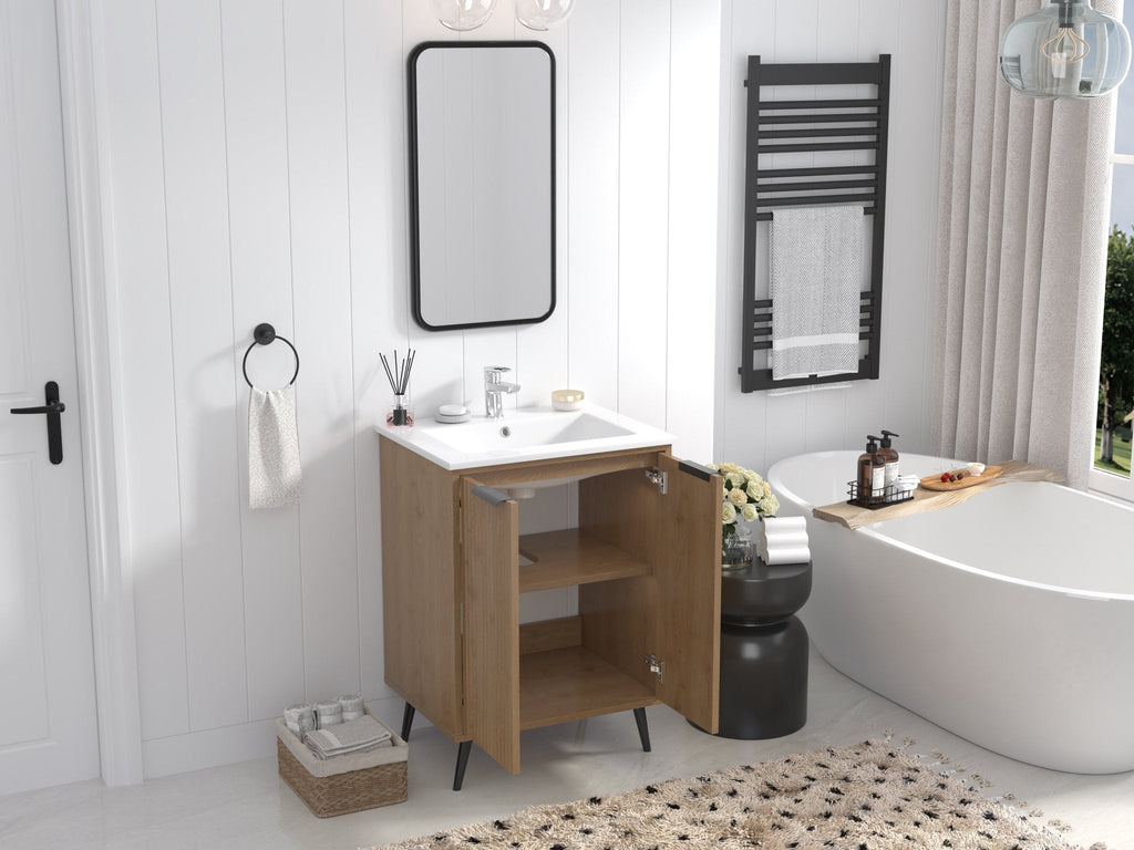24 Inch Light Wood Finish Liora Single Bathroom Vanity with Intergrated Sink Top