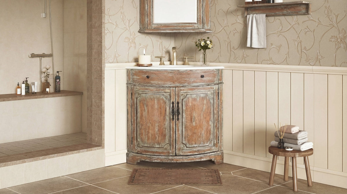 24 Inch Triadsville Freestanding Distressed Brown Corner Bathroom Sink Vanity