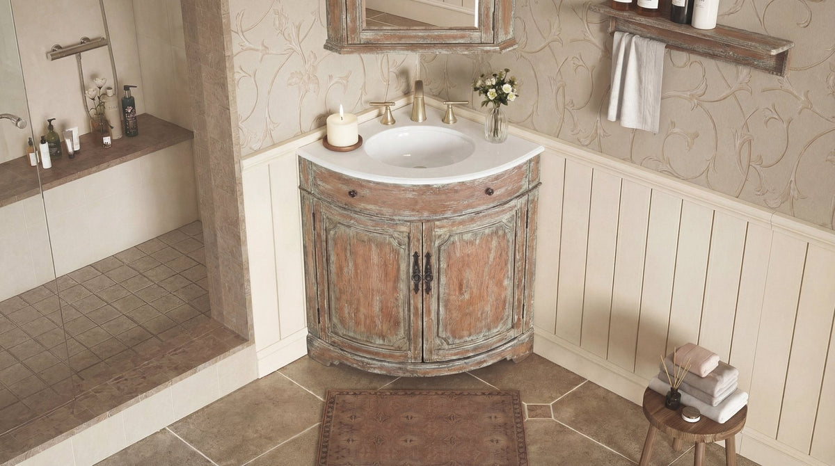 24 Inch Triadsville Freestanding Distressed Brown Corner Bathroom Sink Vanity
