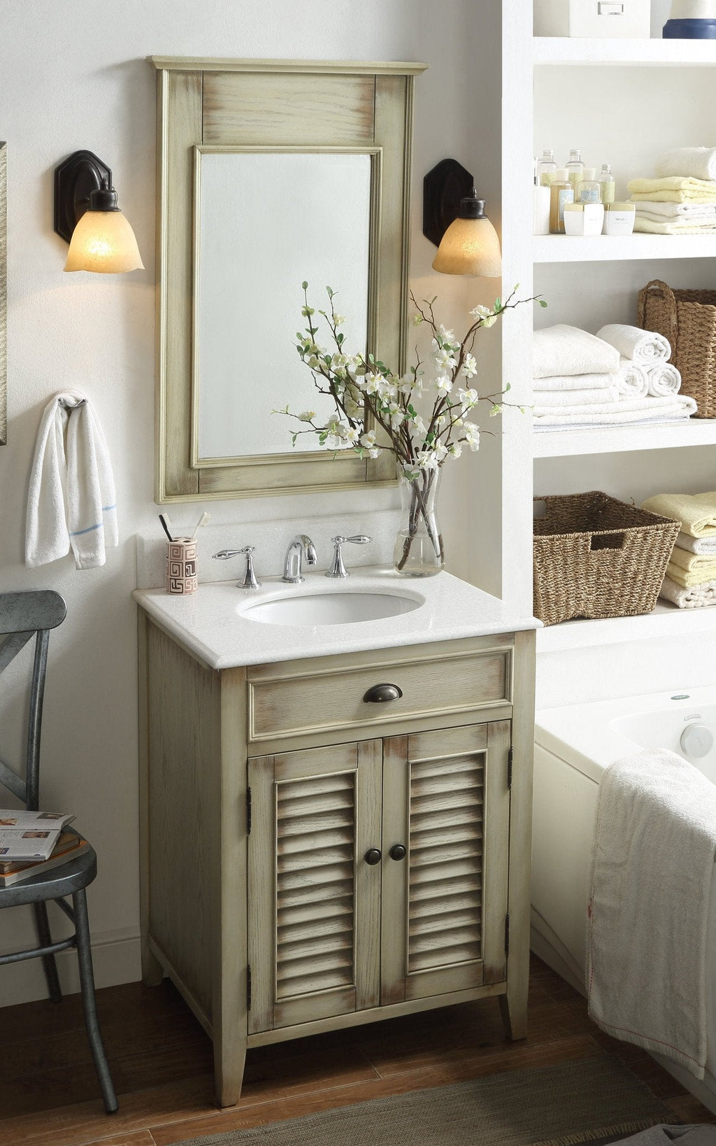 26 Inch Farmhouse Style Distressed Beige Bathroom Vanity With Marble Top