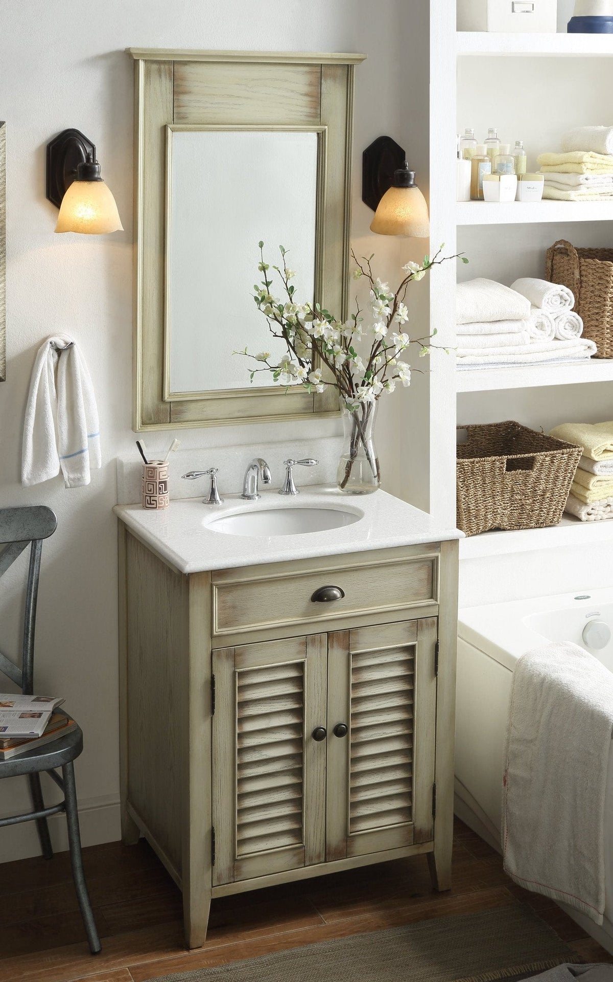 26 Inch Farmhouse Style Distressed Beige Bathroom Vanity With Marble Top