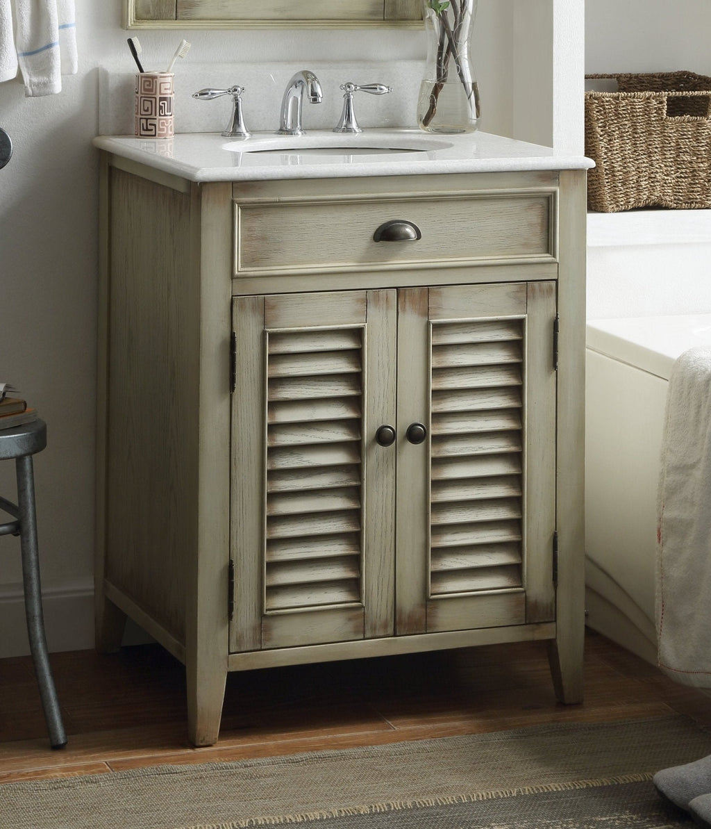 26 Inch Farmhouse Style Distressed Beige Bathroom Vanity With Marble Top