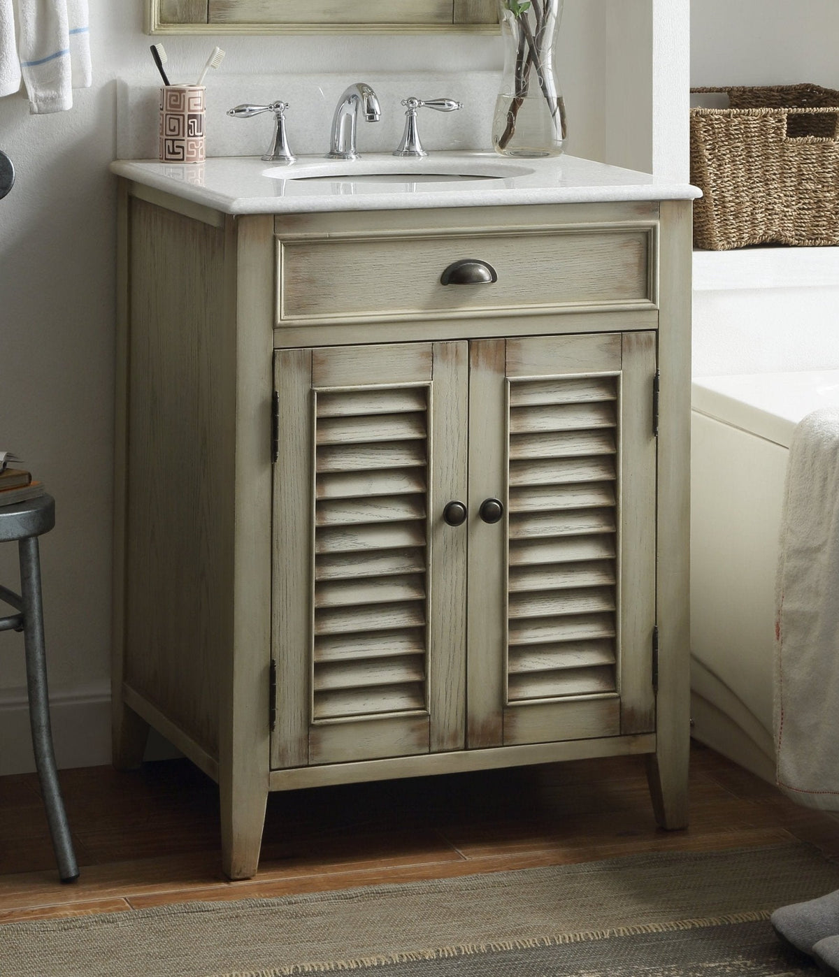 26 Inch Farmhouse Style Distressed Beige Bathroom Vanity With Marble Top