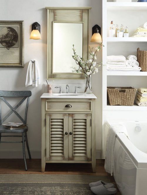 26 Inch Farmhouse Style Distressed Beige Bathroom Vanity With Marble Top