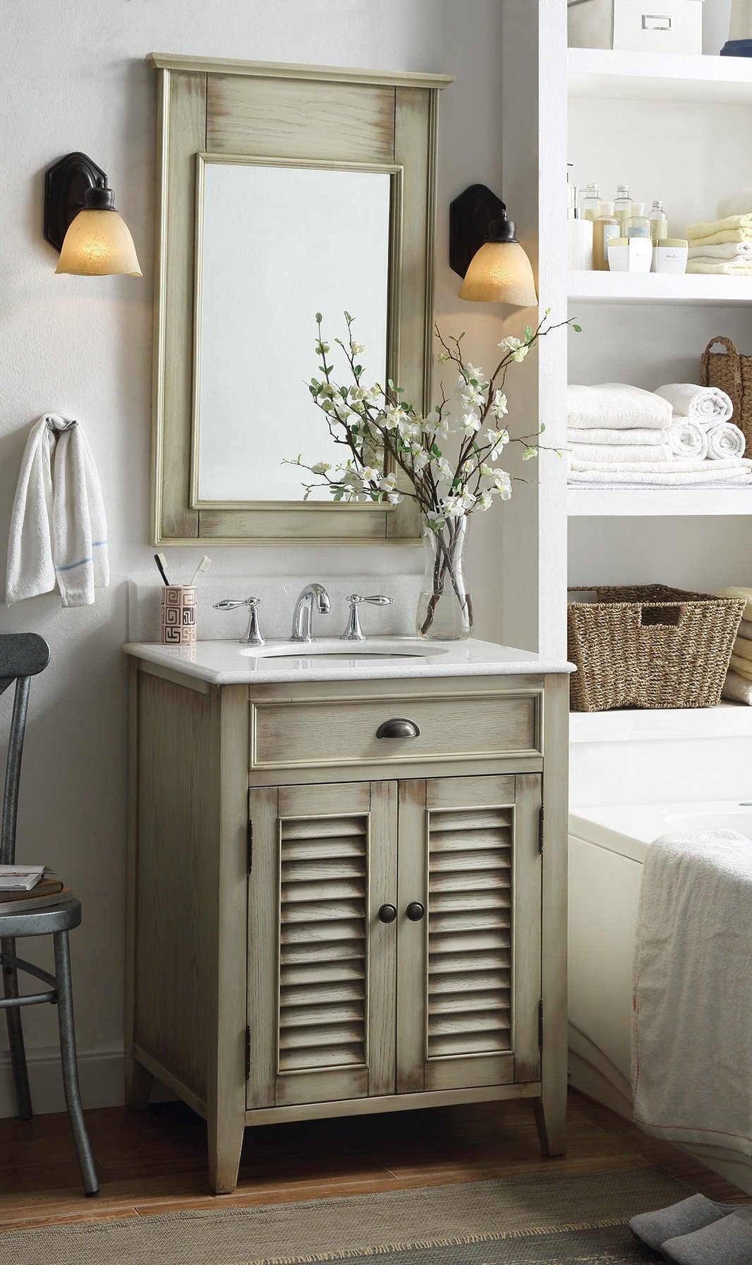 26 Inch Farmhouse Style Distressed Beige Bathroom Vanity With Marble Top