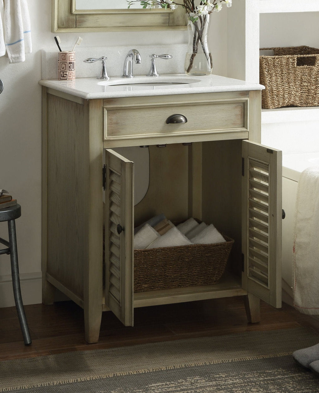 26 Inch Farmhouse Style Distressed Beige Bathroom Vanity With Marble Top