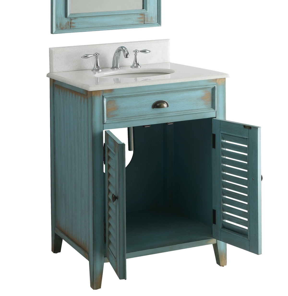 26 Inch Abbeville Farmhouse Style Distressed Blue Bathroom Vanity With Marble Top