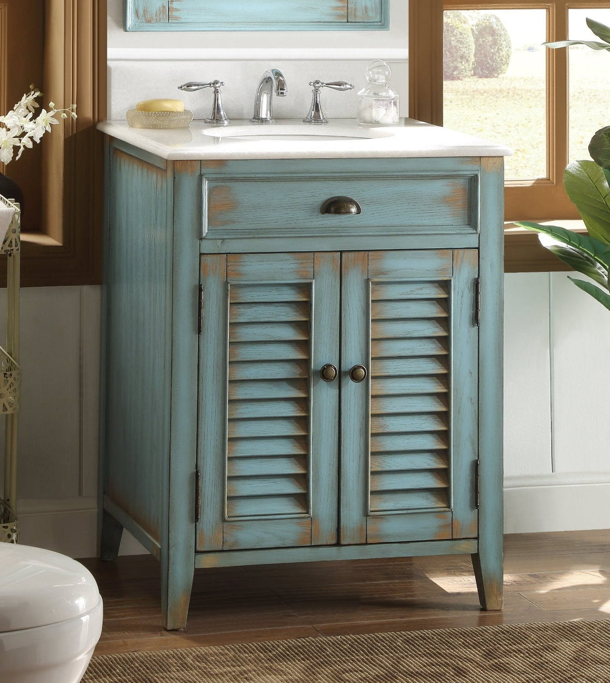 26 Inch Abbeville Farmhouse Style Distressed Blue Bathroom Vanity With Marble Top