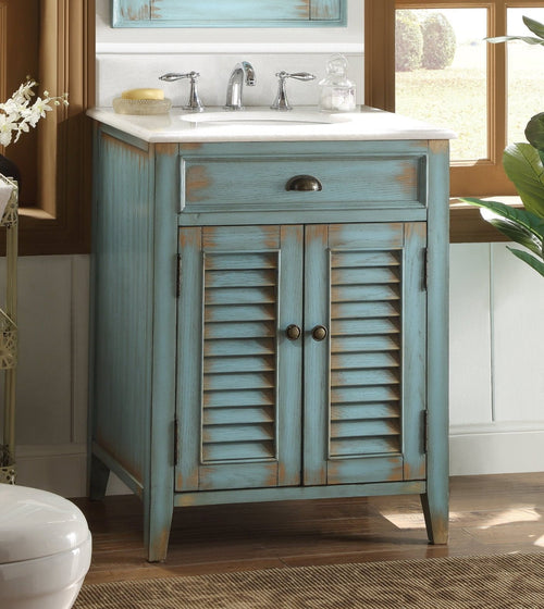 26 Inch Abbeville Farmhouse Style Distressed Blue Bathroom Vanity With Marble Top