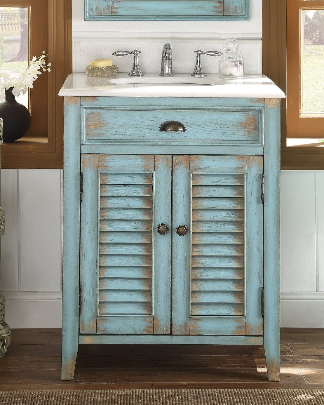 26 Inch Abbeville Farmhouse Style Distressed Blue Bathroom Vanity With Marble Top