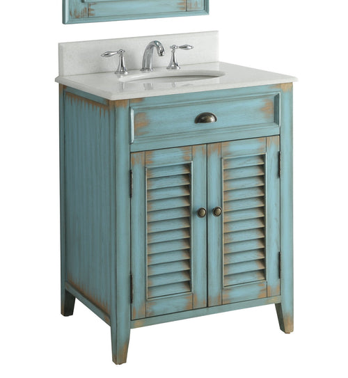26 Inch Abbeville Farmhouse Style Distressed Blue Bathroom Vanity With Marble Top