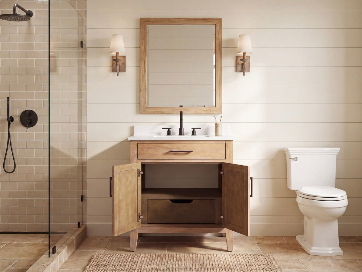 30 Inch Mid-Century Modern Weathered Natural Carvel Bathroom Vanity, Single Sink, White Quartz Top, Fully Assembled