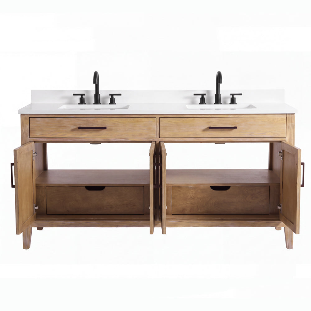 72 Inch Mid-Century Modern Weathered Natural Carvel Bathroom Vanity, Double Sink, White Quartz Top, Fully Assembled
