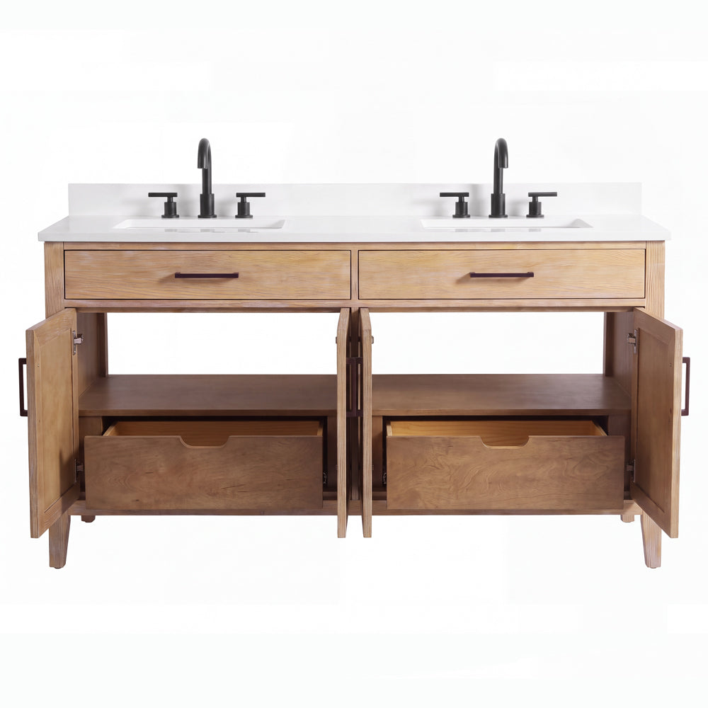 60 Inch Mid-Century Modern Weathered Natural Carvel Bathroom Vanity, Double Sink, White Quartz Top, Fully Assembled