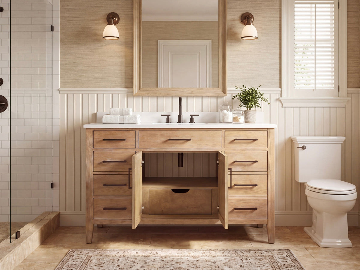 48 Inch Mid-Century Modern Weathered Natural Carvel Bathroom Vanity, Single Sink, White Quartz Top, Fully Assembled