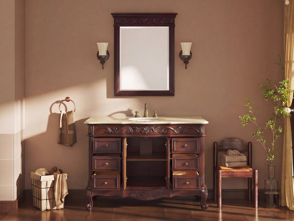 48 Inch Traditional Freestanding Cherry Brown Beckham Bathroom Vanity, Single Sink, Cream Marble Top, Fully Assembled