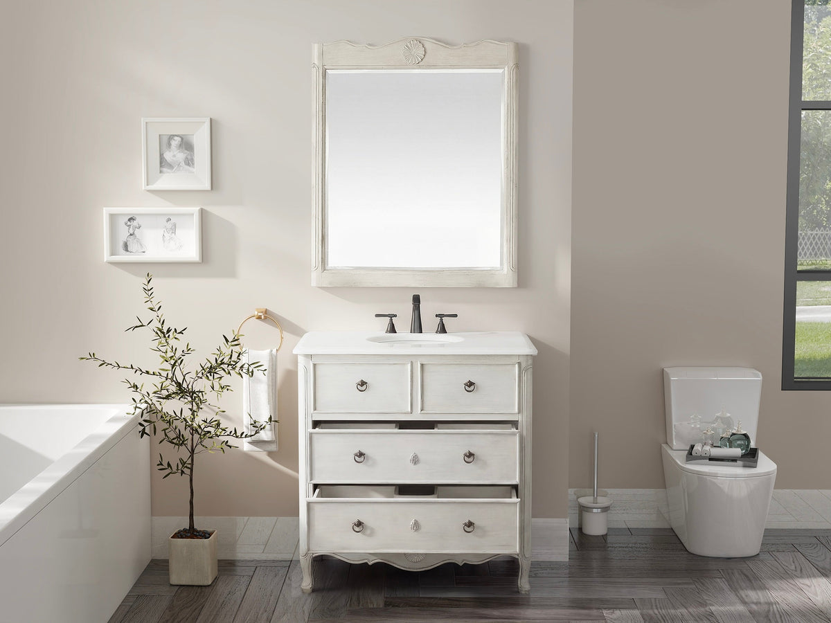 34 Inch Cottage Freestanding Distressed Antique White Daleville Bathroom Vanity, Single Sink, Fully Assembled