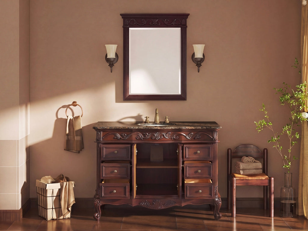 42 Inch Traditional Freestanding Cherry Brown Beckham Bathroom Vanity, Single Sink, Baltic Brown Top, Fully Assembled