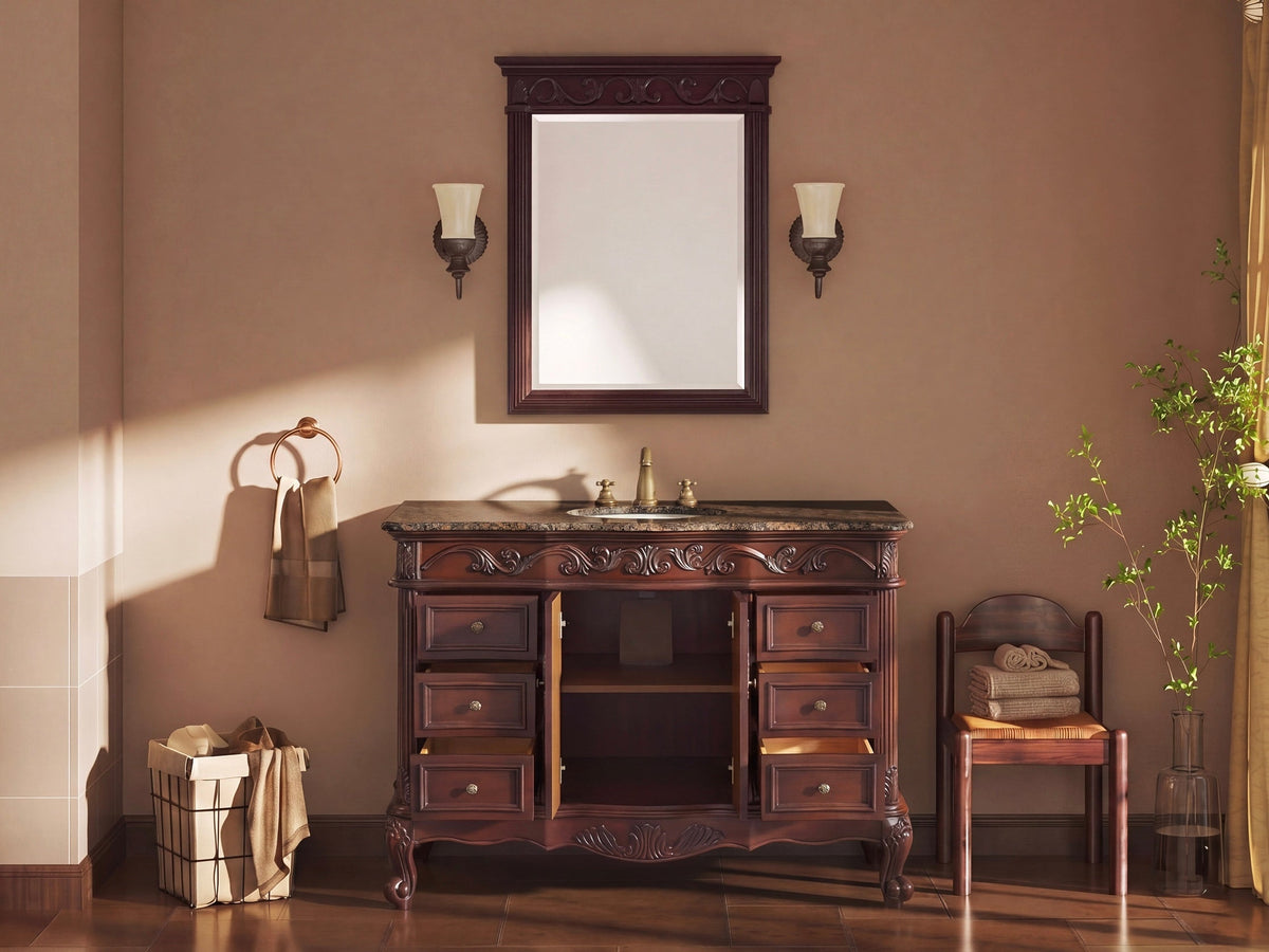 42 Inch Traditional Freestanding Cherry Brown Beckham Bathroom Vanity, Single Sink, Baltic Brown Top, Fully Assembled