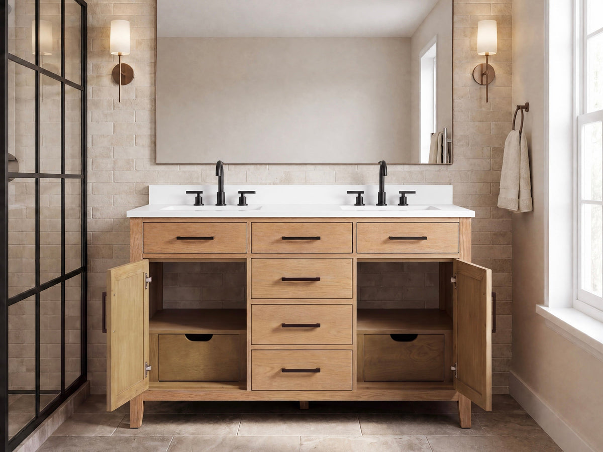 54 Inch Mid-Century Modern Weathered Natural Carvel Bathroom Vanity, Double Sink, White Quartz Top, Fully Assembled