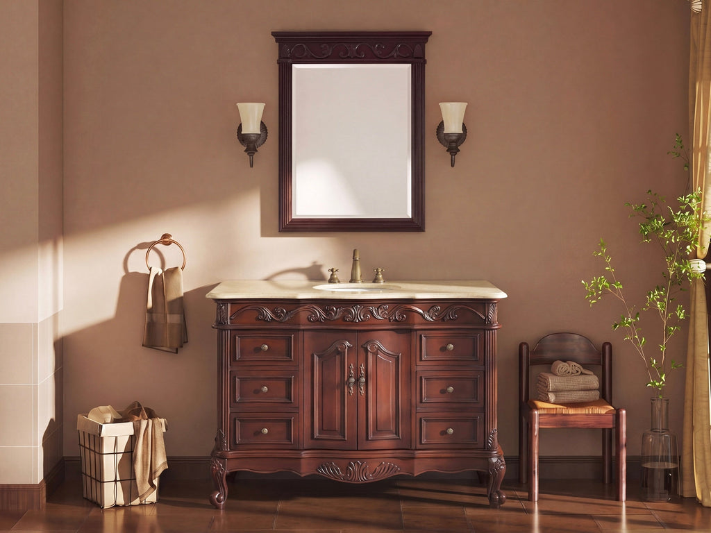 48 Inch Traditional Freestanding Cherry Brown Beckham Bathroom Vanity, Single Sink, Cream Marble Top, Fully Assembled
