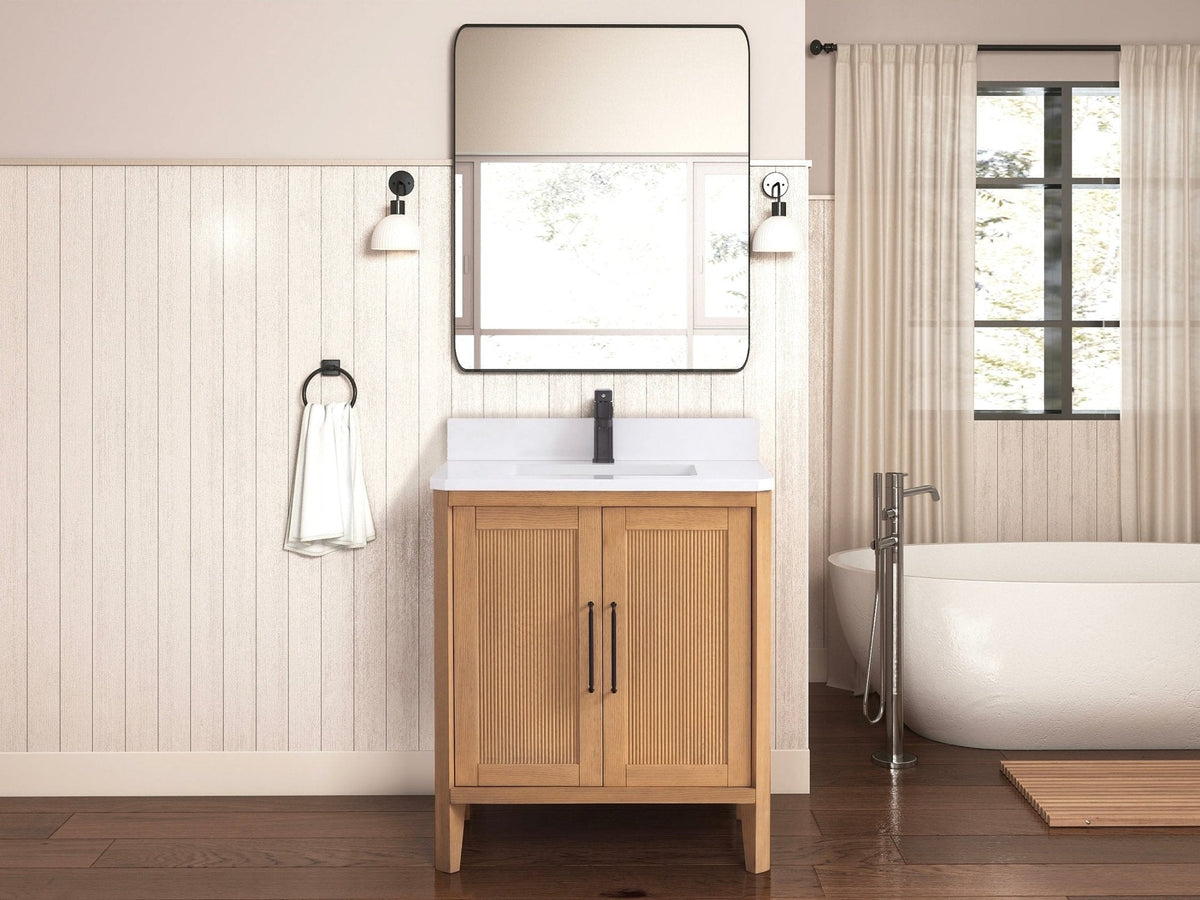 30 Inch Barque Single Sink Warm Oak Brown Finish Bathroom Vanity With White Top