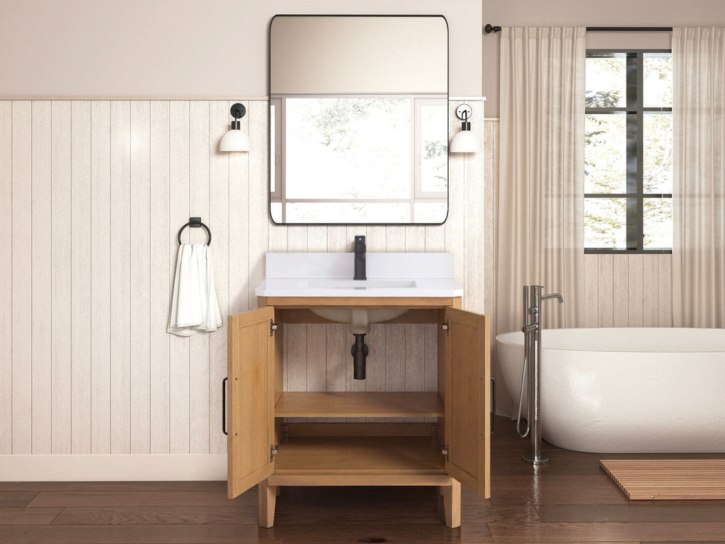 30 Inch Barque Single Sink Warm Oak Brown Finish Bathroom Vanity With White Top