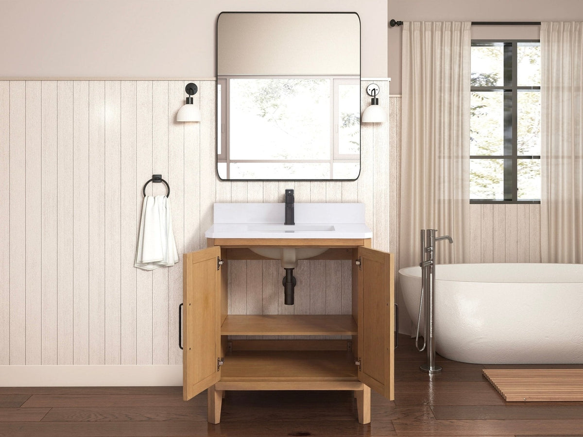 30 Inch Barque Single Sink Warm Oak Brown Finish Bathroom Vanity With White Top