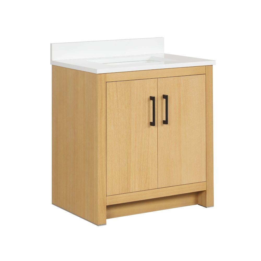 30 Inch Light Oak Sandi Single Sink Bathroom Vanity Toe Kick Style With White Quartz Top