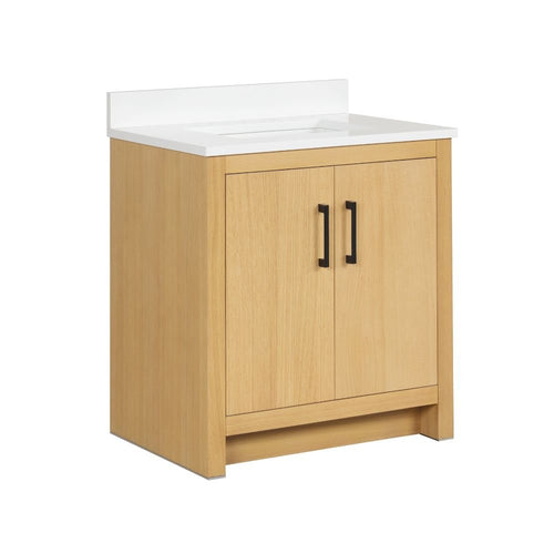 30 Inch Light Oak Sandi Single Sink Bathroom Vanity Toe Kick Style With White Quartz Top