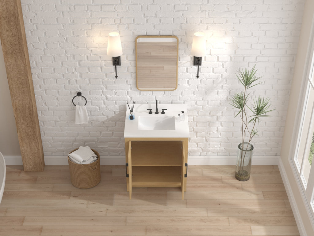 30 Inch Light Oak Sandi Single Sink Bathroom Vanity Toe Kick Style With White Quartz Top