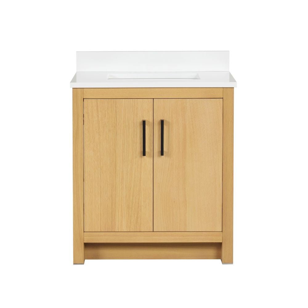 30 Inch Light Oak Sandi Single Sink Bathroom Vanity Toe Kick Style With White Quartz Top