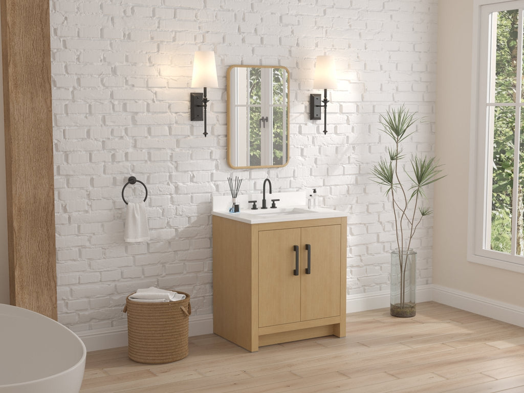 30 Inch Light Oak Sandi Single Sink Bathroom Vanity Toe Kick Style With White Quartz Top