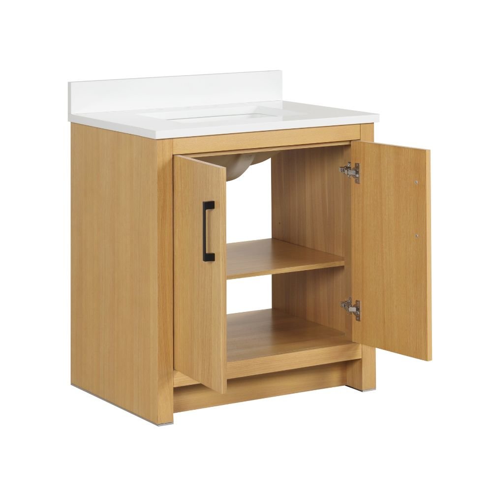 30 Inch Light Oak Sandi Single Sink Bathroom Vanity Toe Kick Style With White Quartz Top