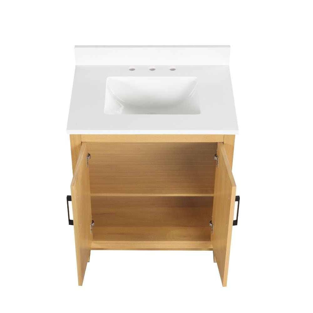 30 Inch Light Oak Sandi Single Sink Bathroom Vanity Toe Kick Style With White Quartz Top