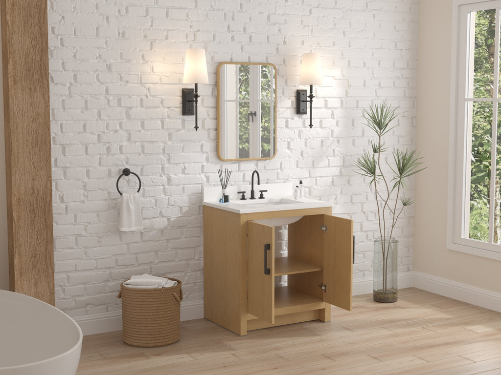 30 Inch Light Oak Sandi Single Sink Bathroom Vanity Toe Kick Style With White Quartz Top