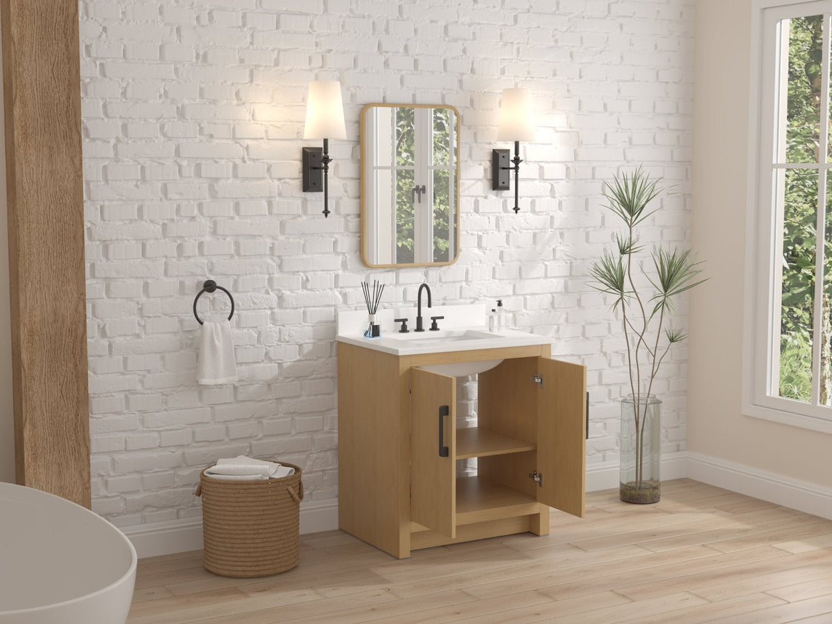 30 Inch Light Oak Sandi Single Sink Bathroom Vanity Toe Kick Style With White Quartz Top