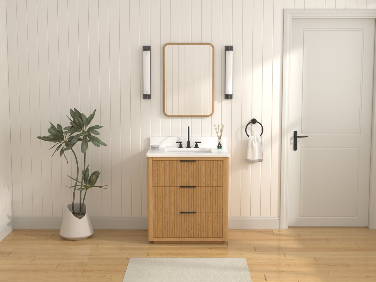 30 Inch Modern Golden Oak Coris Single Sink Bathroom Vanity With White Quartz Top