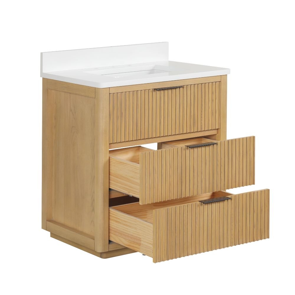 30 Inch Modern Golden Oak Coris Single Sink Bathroom Vanity With White Quartz Top