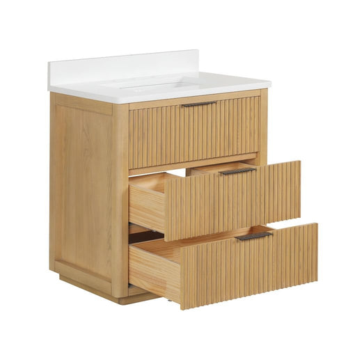 30 Inch Modern Golden Oak Coris Single Sink Bathroom Vanity With White Quartz Top