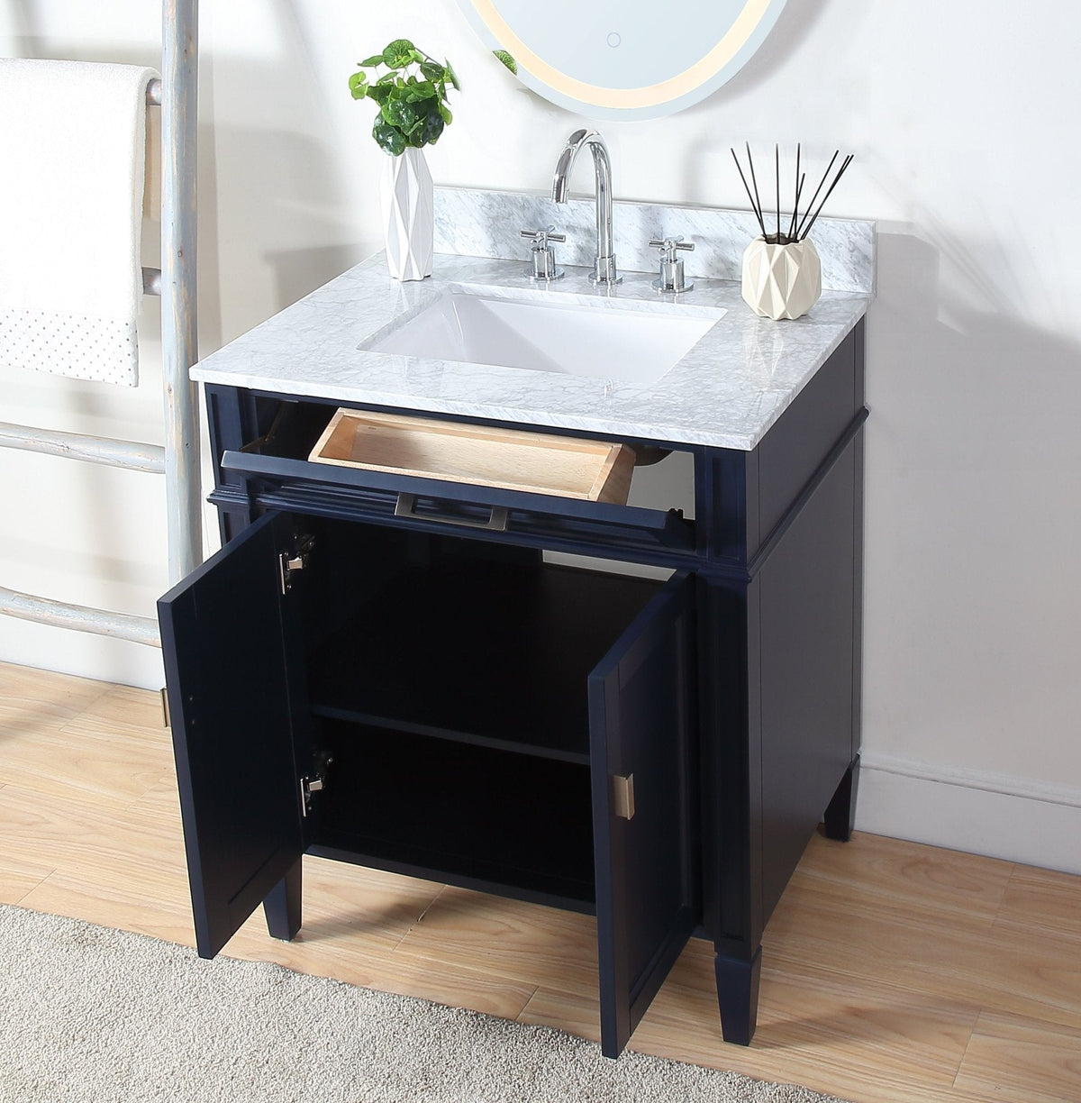 30 Inch Durand Modern Navy Blue Bathroom Sink Vanity with Stone Counter Top