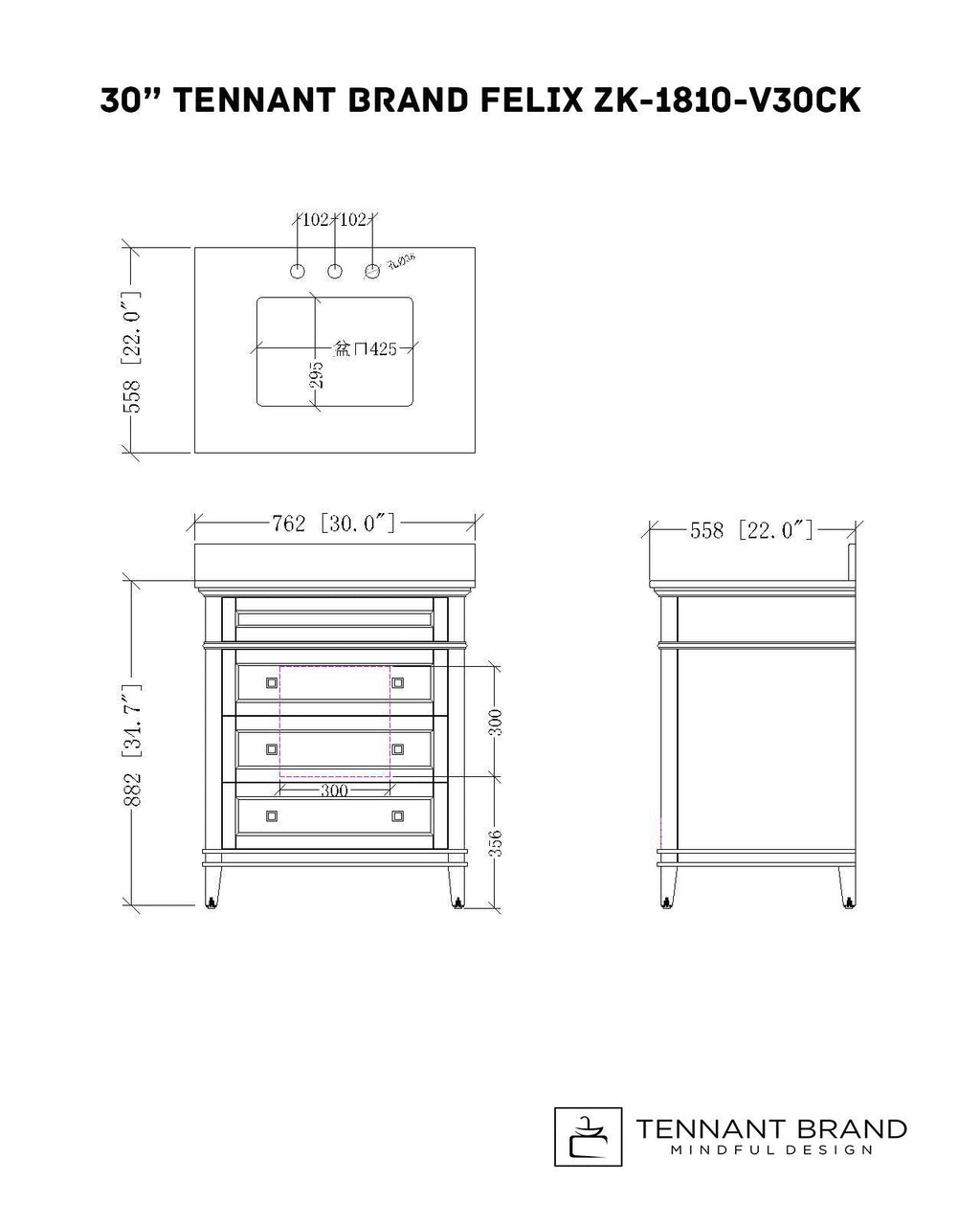 30" Tennant Brand Felix Modern Style Gray Bathroom Vanity