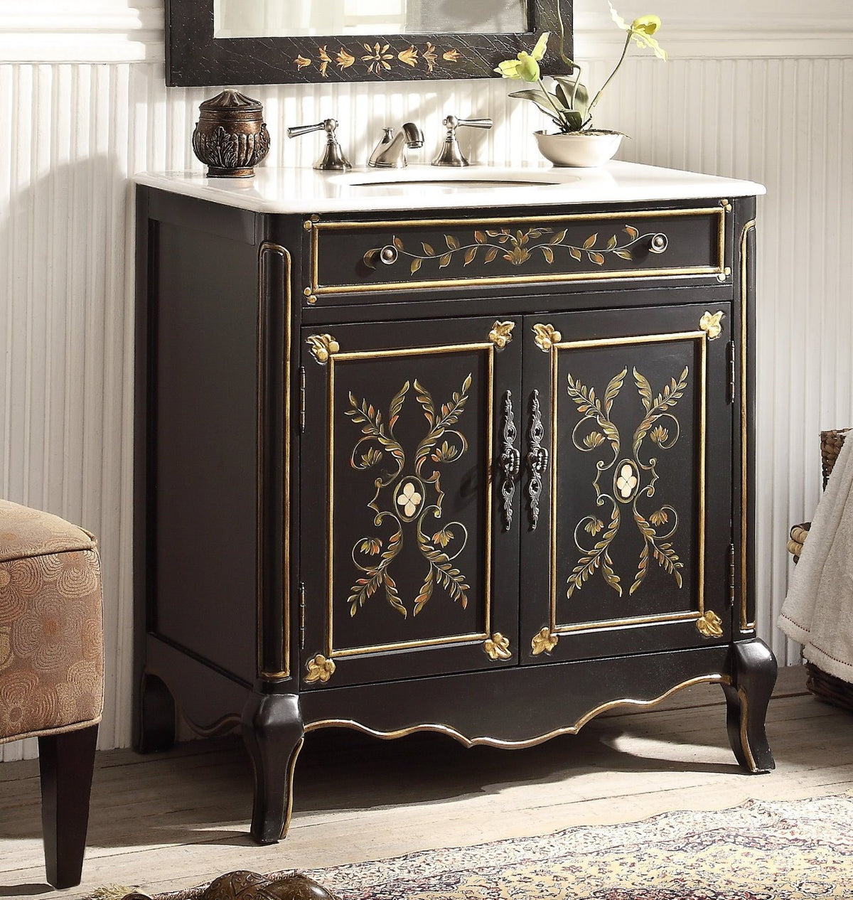 32" Black Hand - Painted Floral Motif Decoroso Bathroom Vanity