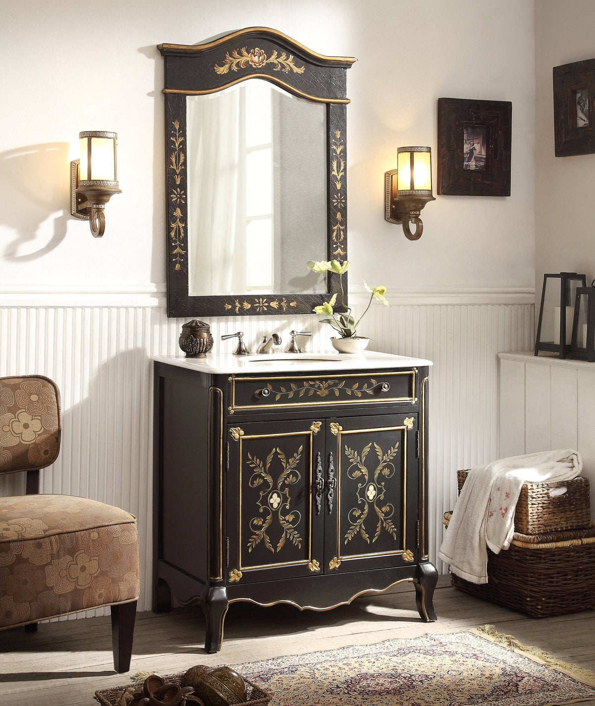 32" Black Hand - Painted Floral Motif Decoroso Bathroom Vanity