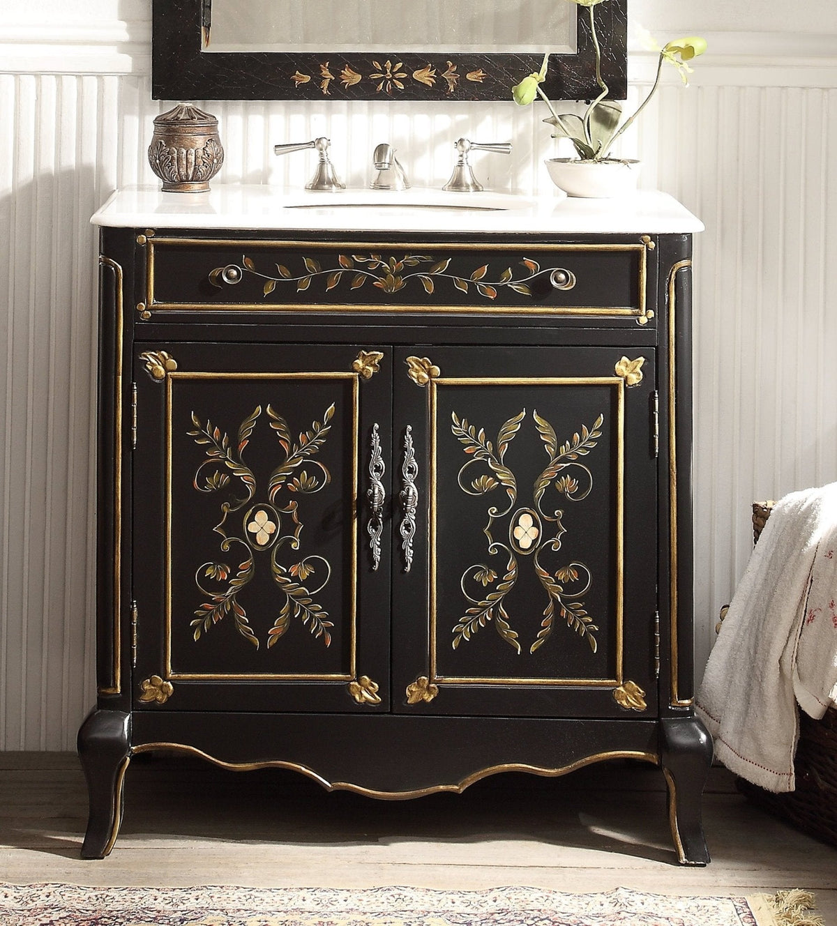 32" Black Hand - Painted Floral Motif Decoroso Bathroom Vanity