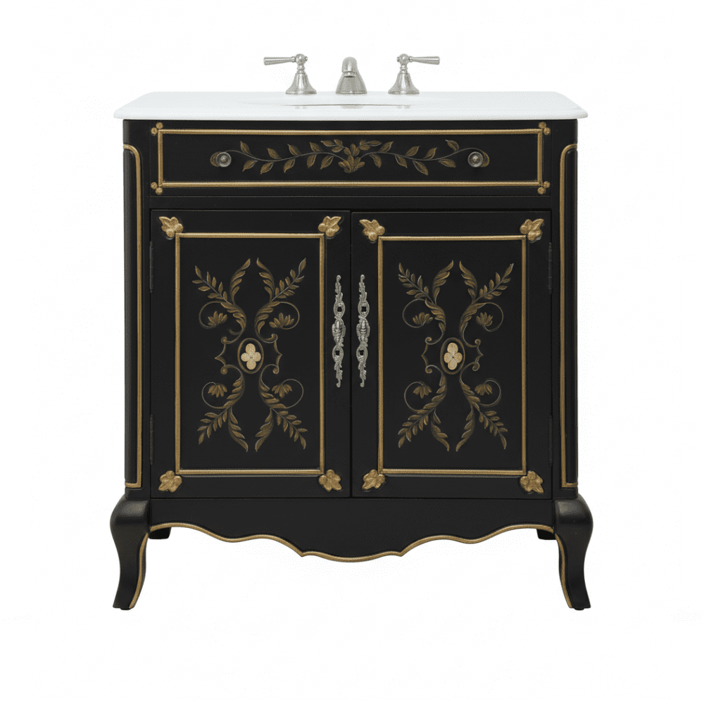 32" Black Hand - Painted Floral Motif Decoroso Bathroom Vanity