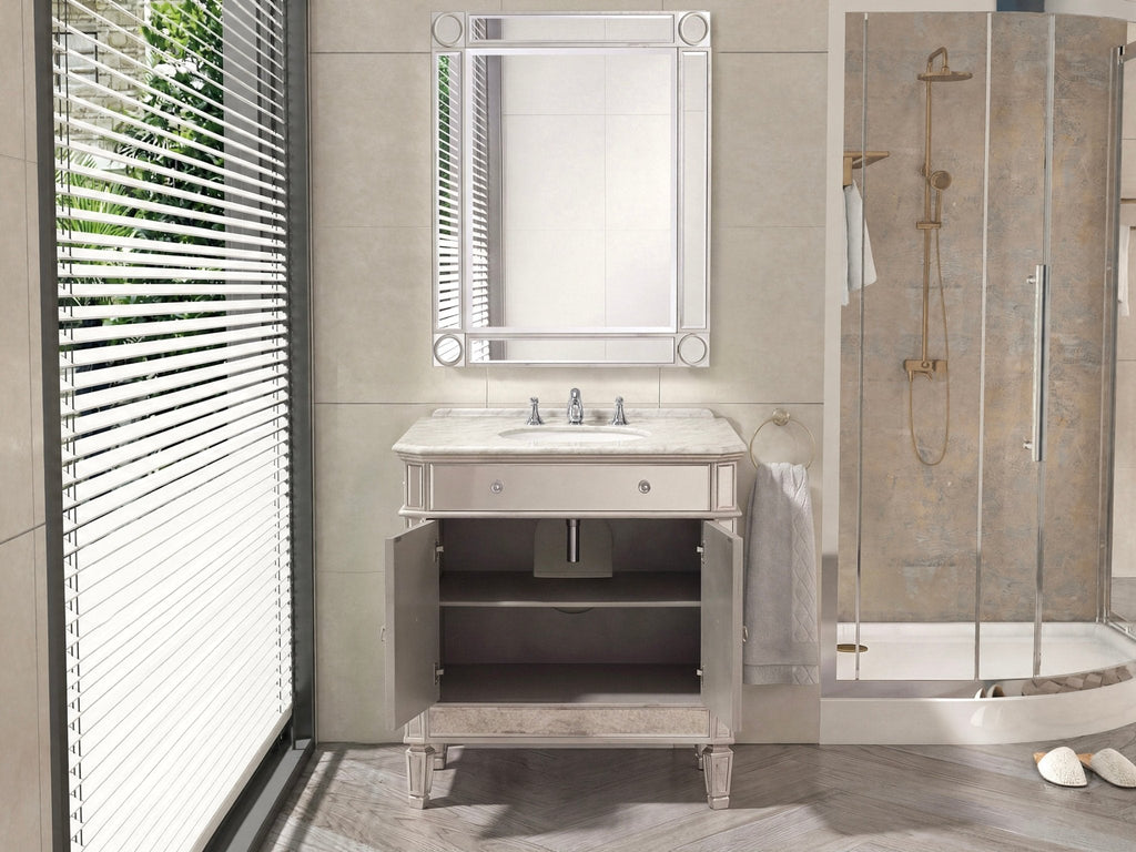 32 Inch Silver Trim Austell Mirrored Bathroom Vanity with Italian Carrara Marble Top